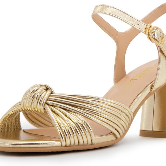 Women's Gold Faux Leather Strappy Chunky Block Heel Sandals Size 11 - Picture 1 of 5